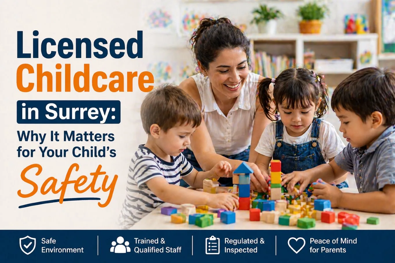 Licensed childcare in Surrey with a qualified caregiver supervising young children playing with colourful building blocks in a safe, structured learning environment designed for early childhood development