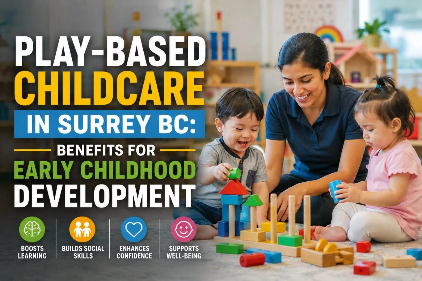 Play-based childcare in Surrey BC with a qualified educator engaging young children in interactive learning activities using colourful educational toys to support early childhood development and social skills