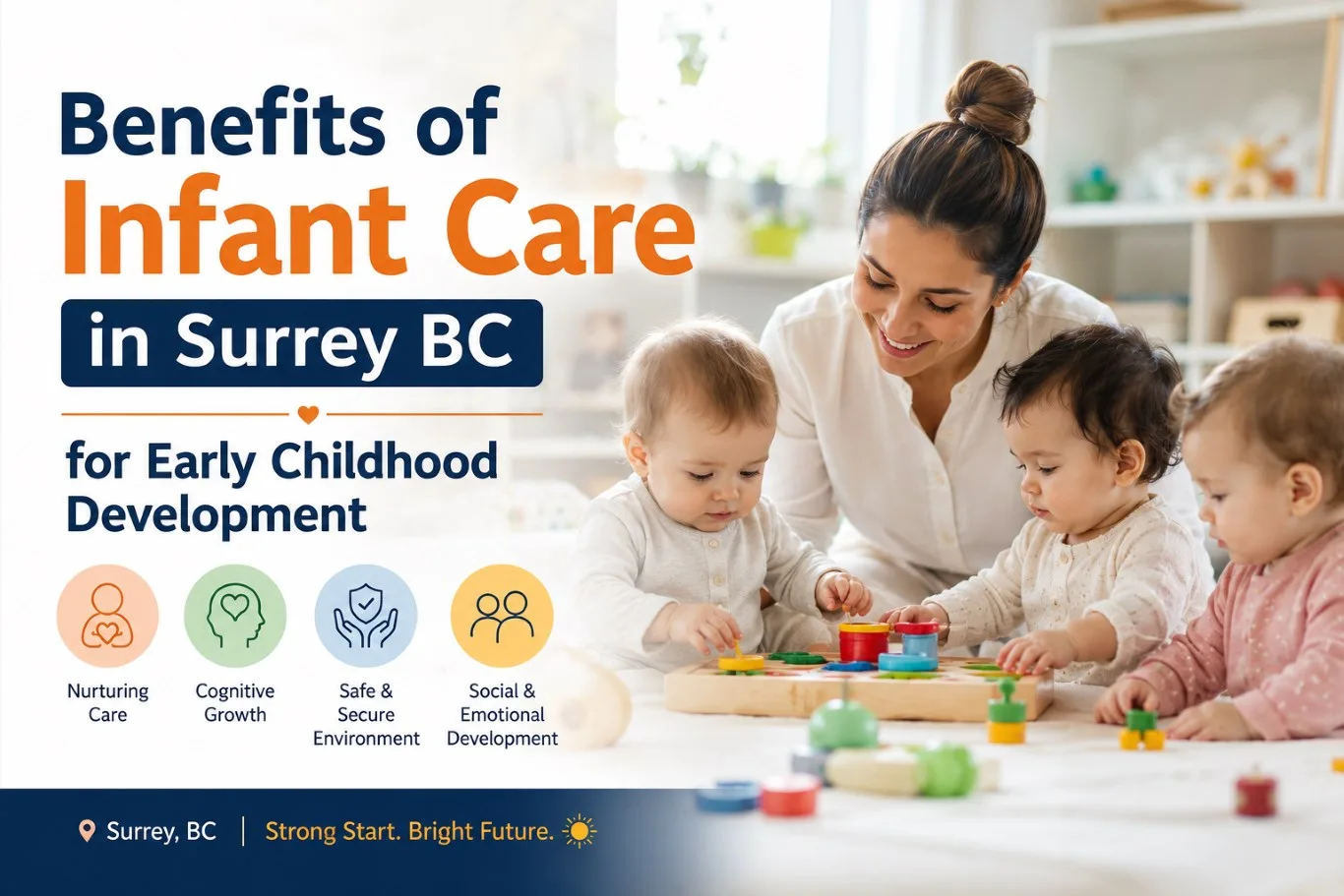 Qualified caregiver engaging with infants during supervised play in a safe and nurturing early learning environment, highlighting the benefits of infant care in Surrey BC for cognitive, social, emotional, and developmental growth.