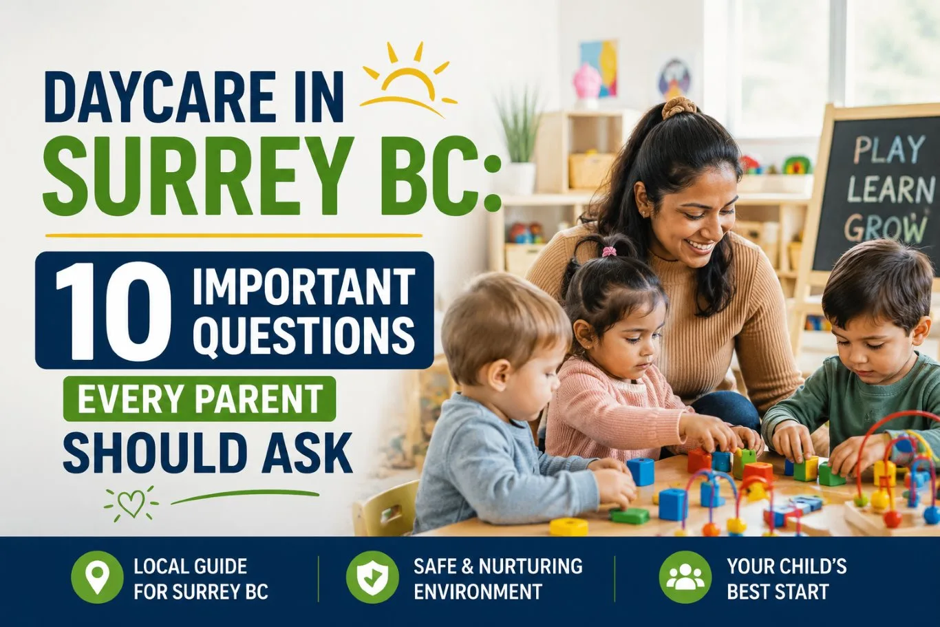 Children engaged in educational play with a qualified educator in a safe and nurturing classroom environment at a daycare in Surrey BC, supporting early learning, social development, and school readiness.