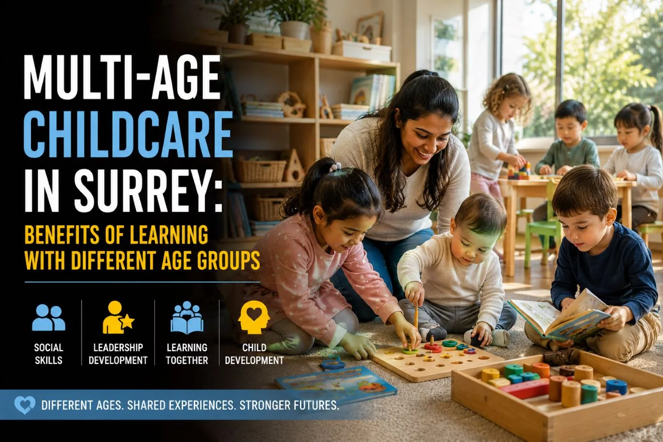 Children of different ages learning and playing together with an educator in a nurturing classroom environment, showcasing the benefits of multi-age childcare in Surrey BC for social, cognitive, and developmental growth.