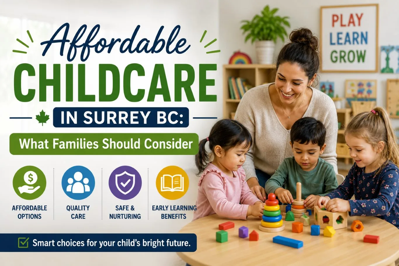 Teacher engaging with young children during a classroom activity, illustrating affordable childcare in Surrey BC with a safe, nurturing learning environment, quality early education, and engaging play-based development for preschool-aged children.