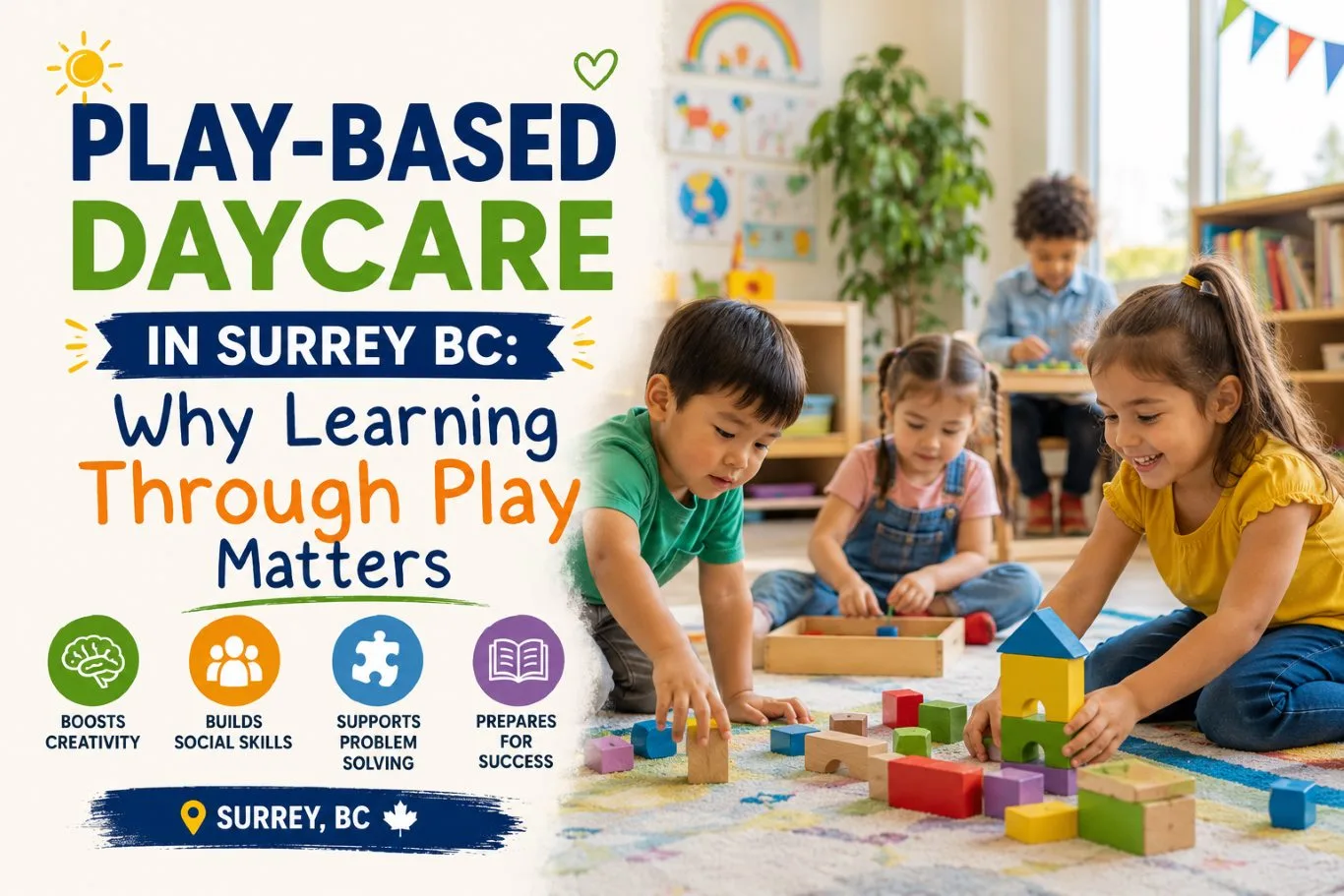 Children engaged in hands-on learning activities at a play-based daycare in Surrey BC, building with colourful blocks in a bright classroom while educators encourage creativity, social skills, problem-solving, and early childhood development through play.