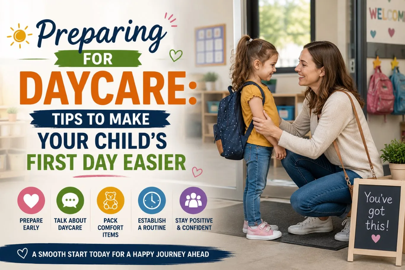 Parent warmly greeting and reassuring a young child on their first day while preparing for daycare, highlighting practical first-day tips such as establishing routines, packing comfort items, and building confidence for a smooth, positive transition into childcare.