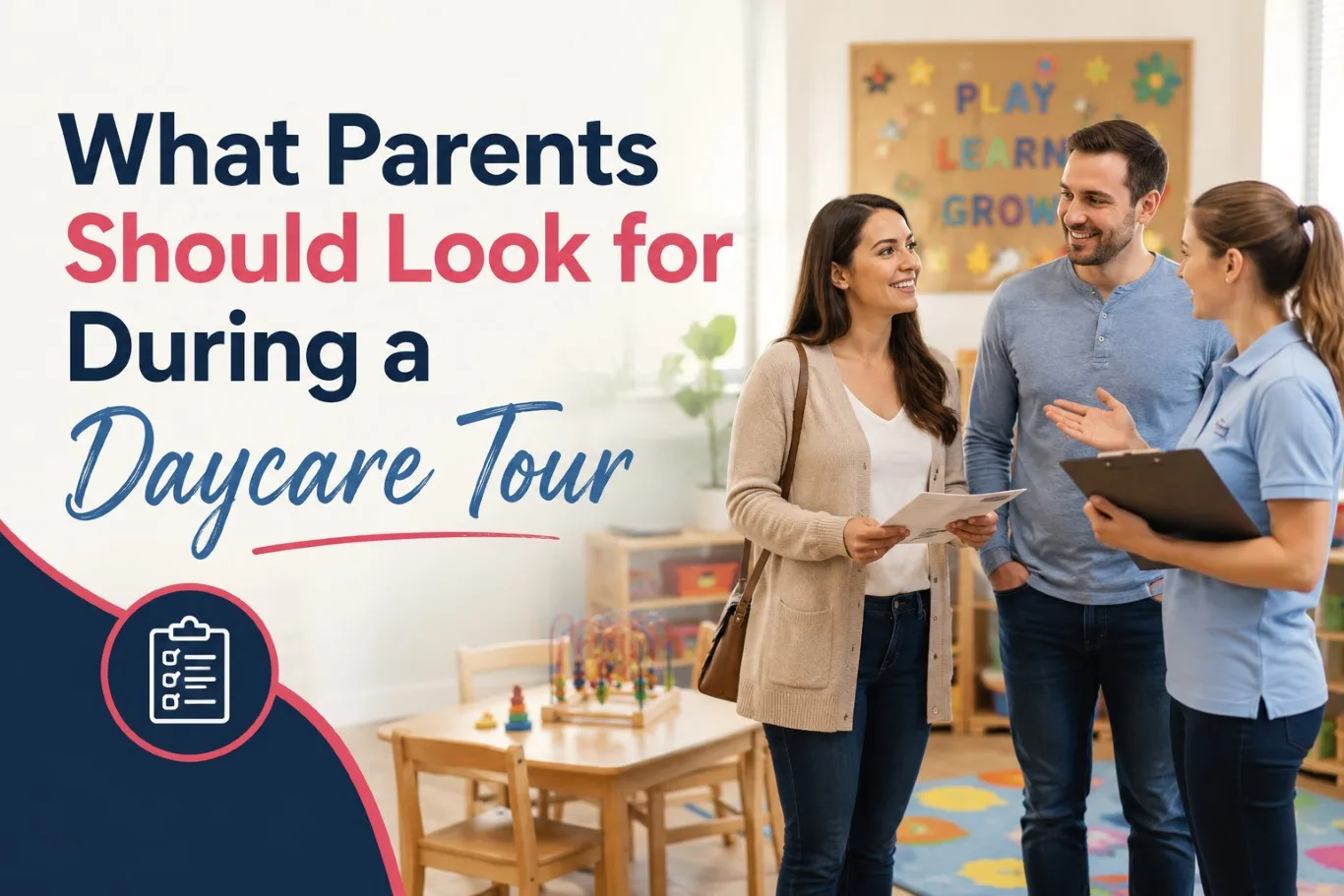 Daycare tour showing parents speaking with a childcare educator inside a bright, welcoming daycare classroom, highlighting what families should look for during a daycare tour, including a safe learning environment, engaging play spaces, qualified staff, and open communication before enrolling their child.