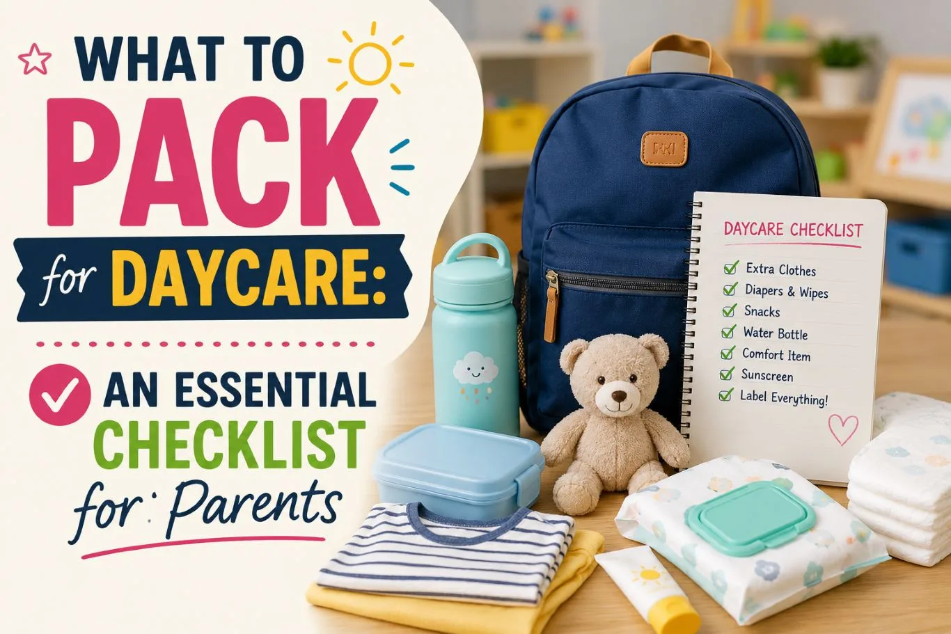 What to pack for daycare checklist featuring a daycare backpack with extra clothes, diapers, wipes, snacks, water bottle, comfort toy, sunscreen, and other essential items parents should pack to prepare children for a successful day at daycare.