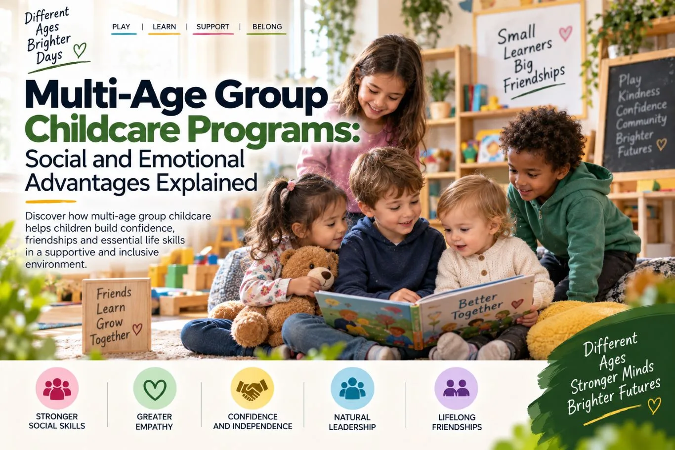 Multi-age group childcare programs supporting social and emotional development as children read and play together.