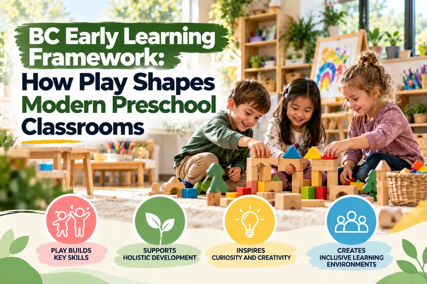 Featured blog banner illustrating the BC Early Learning Framework, showing young preschool children building together with wooden blocks on a classroom rug.