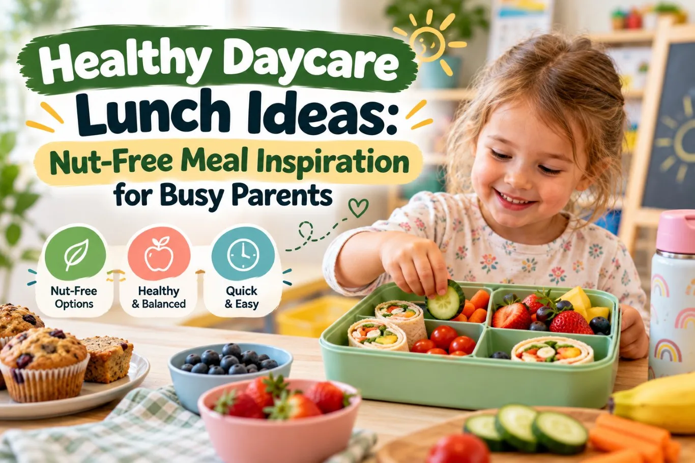 Featured blog banner presenting healthy daycare lunch ideas, showing a smiling young girl picking up a cucumber slice from a bento box packed with wraps, fresh fruit, and vegetables.
